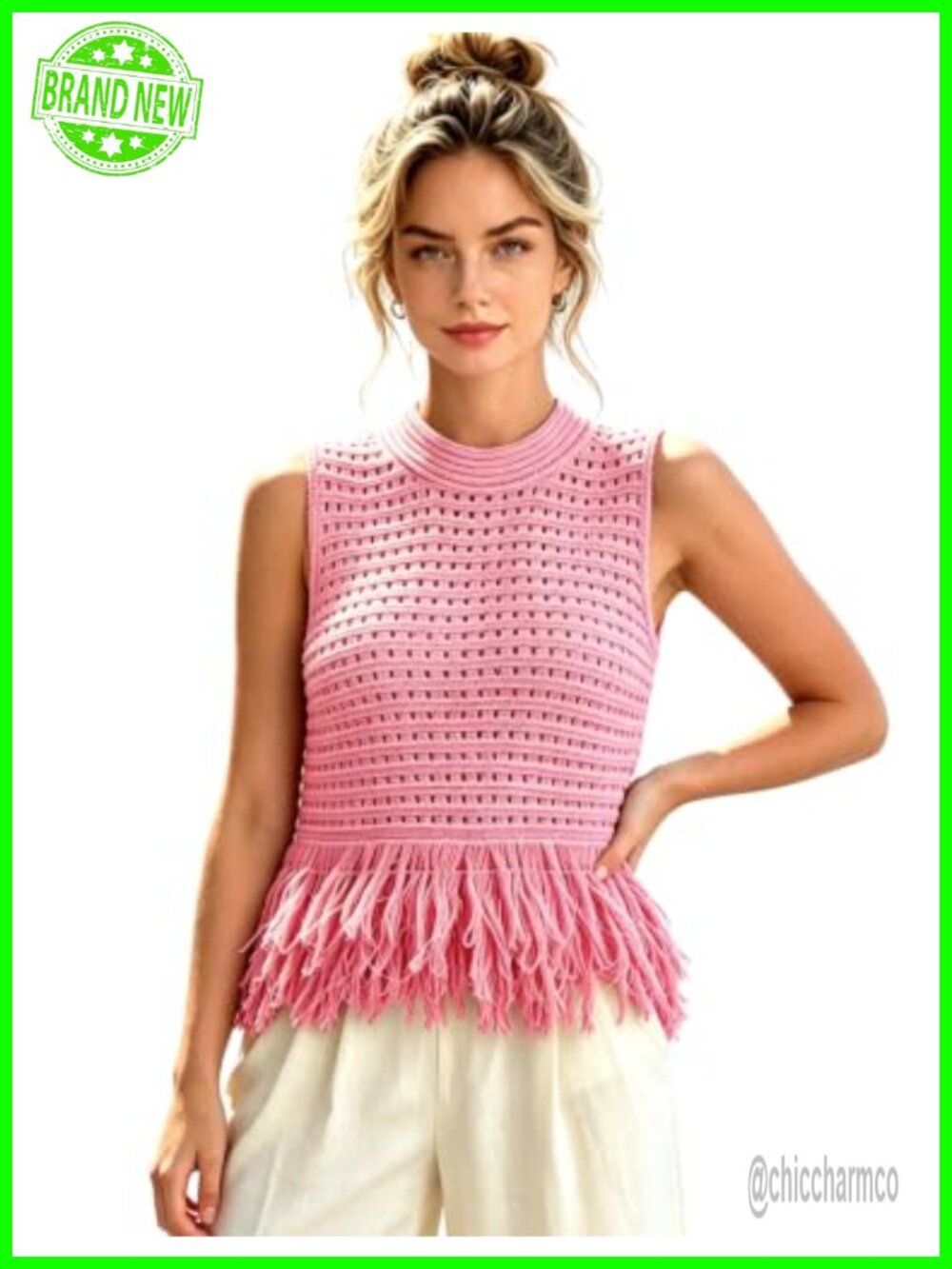 Crochet Fringe Sweater Vest Top Sleeveless Crew Neck Open Knit Crop Boho